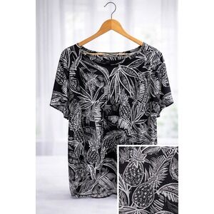 Christian Siriano 100% Linen Tee Top T-Shirt Black White Tropical Print Size 3X